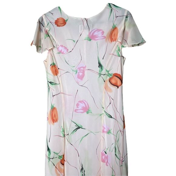 Vintage Y2K Mary McFadden Pink Peach Floral Flutter Cap Sleeve Maxi Dress Size 1 - Picture 7 of 11